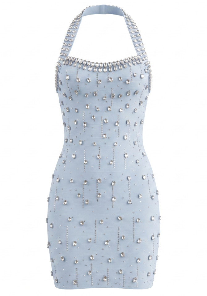 Halter Crystal Dress Light Blue