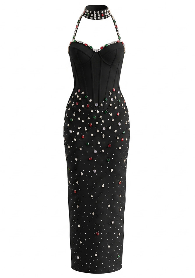 Halter Crystal Structured Bustier Maxi Dress Black