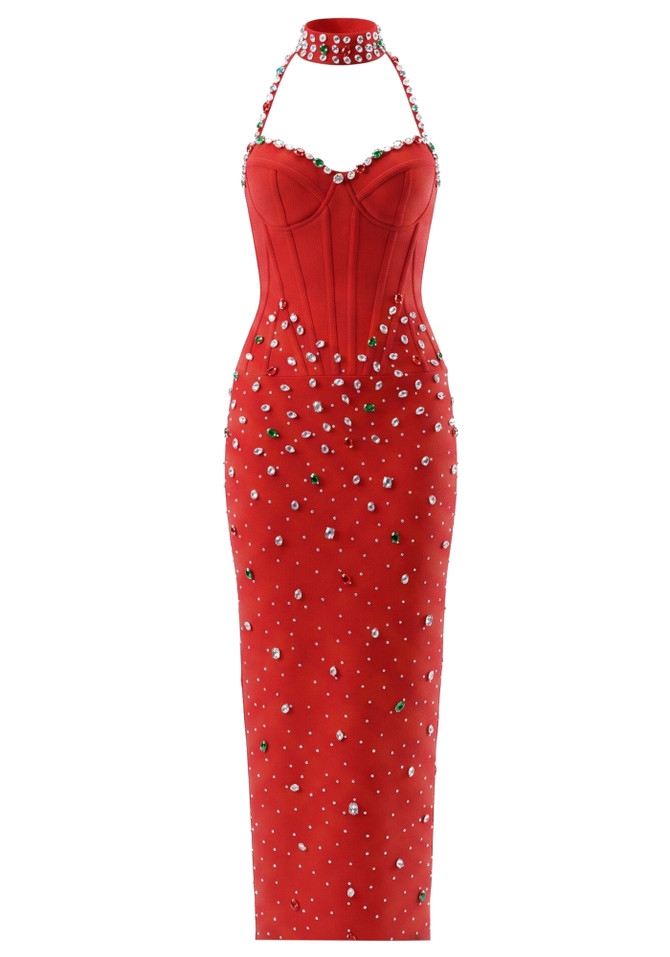 Halter Crystal Structured Bustier Maxi Dress Red