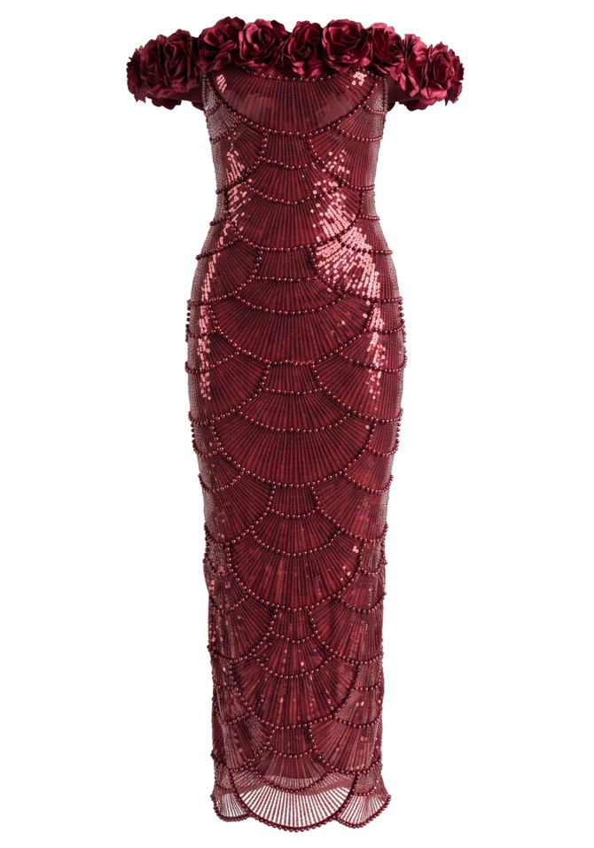 Floral Bardot Sequin Maxi Dress Burgundy