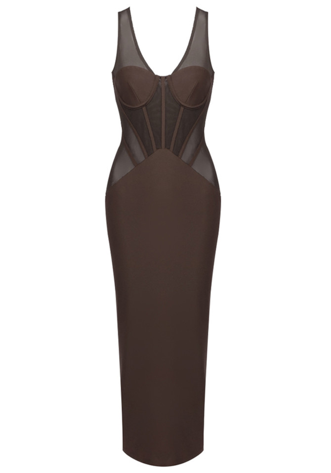 Structured Mesh Insert Maxi Dress Brown