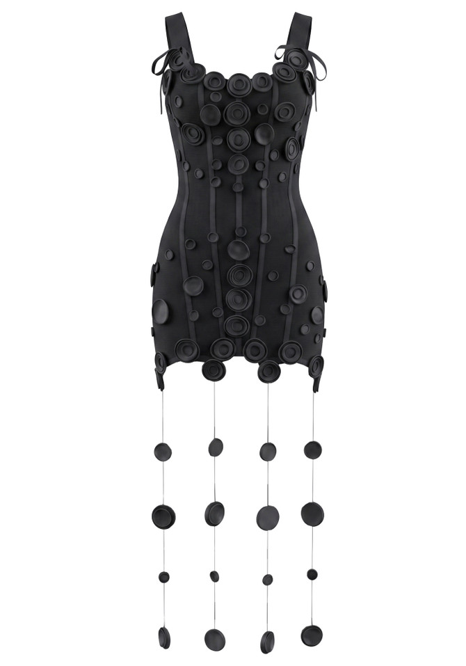 Floral String Detail Structured Dress Black