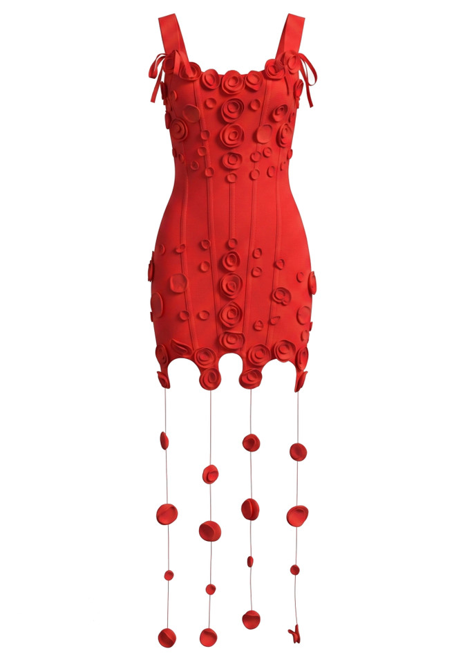Floral String Detail Structured Dress Red
