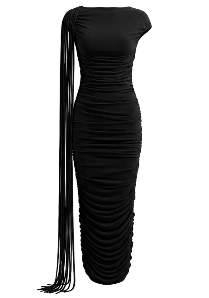 Tassel Detail Draped Maxi Dress Black