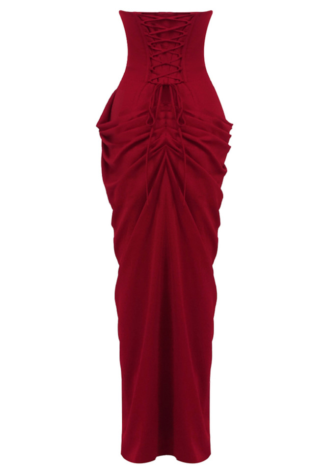 Strapless Draped Corset Maxi Dress Red