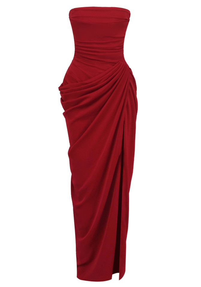 Strapless Draped Corset Maxi Dress Red