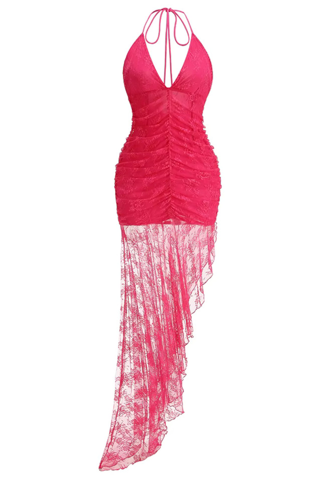 Halter Ruched Asymmetric Lace Maxi Dress Hot Pink