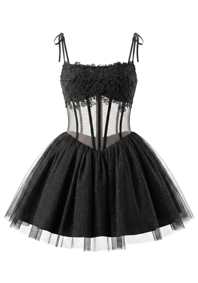 Floral Lace Corset A Line Dress Black