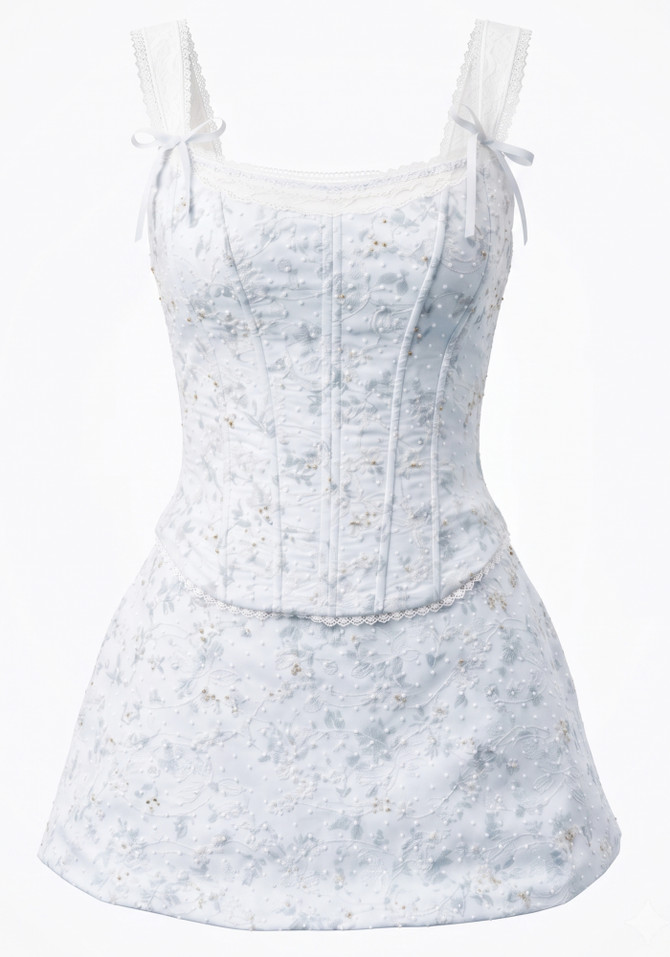Floral Corset Two Piece Dress Blue