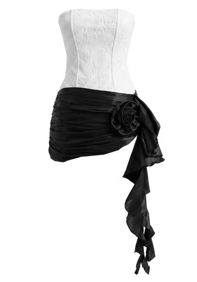 Strapless Floral Ruffle Detail Corset Dress White Black