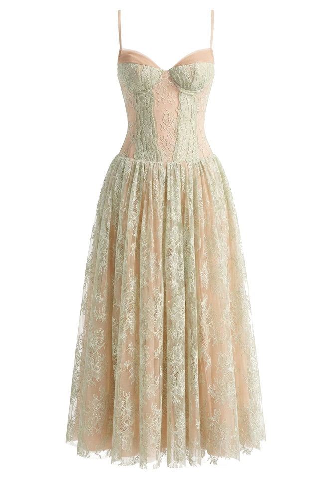 Halter Lace Bustier A Line Maxi Dress Green