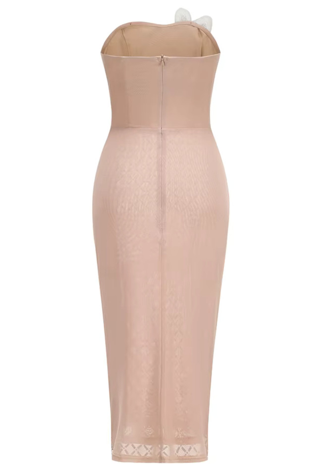Strapless Floral Embellished Midi Dress Nude