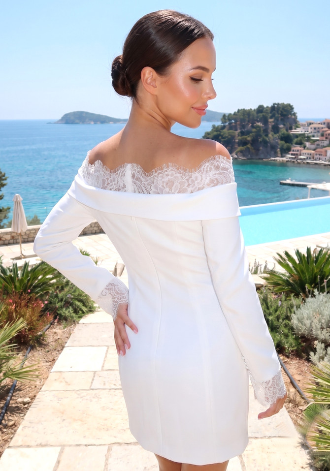 Long Sleeve Lace Bardot Blazer Dress White