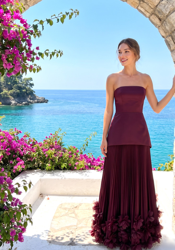 Strapless Pleated Petal Maxi Dress Burgundy