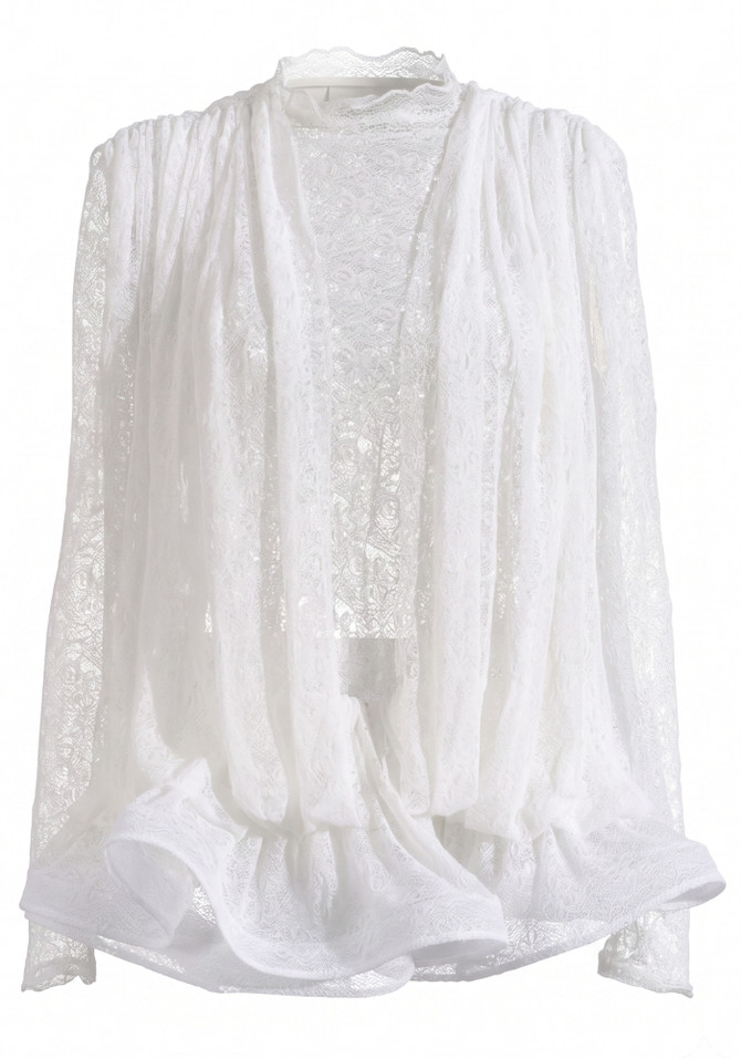 Long Sleeve Draped Lace Ruffle Dress White