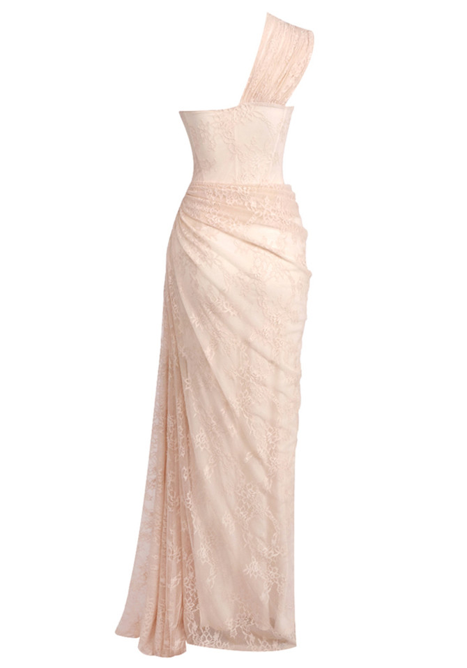 One Shoulder Draped Lace Maxi Dress Light Nude