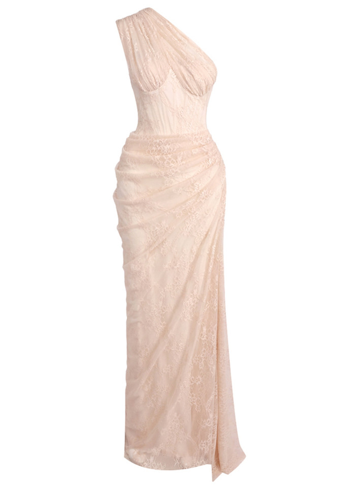 One Shoulder Draped Lace Maxi Dress Light Nude