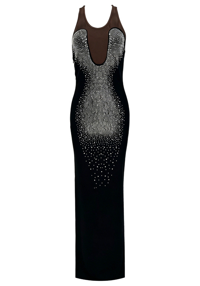 Crystal Mesh Insert Maxi Dress Black