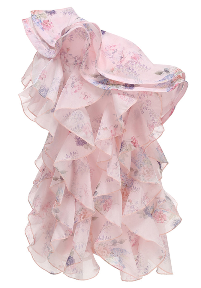 One Shoulder Floral Ruffle Dress Pink