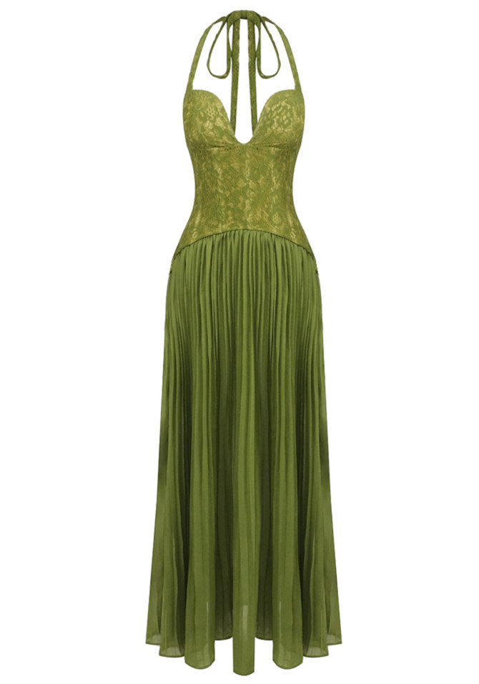 Halter Pleated Corset Maxi Dress Green
