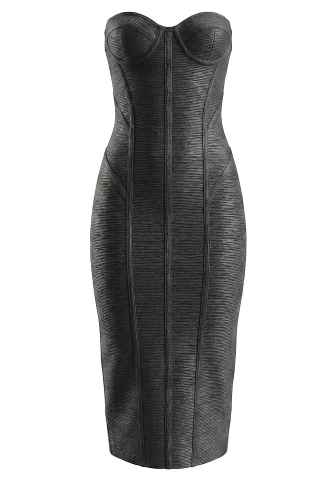 Strapless Woodgrain Foil Print Midi Dress Black