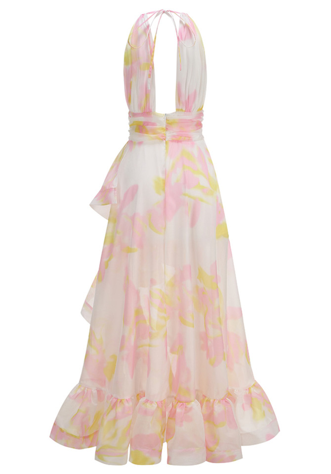 Halter Floral Ruffle Maxi Dress Pink Yellow