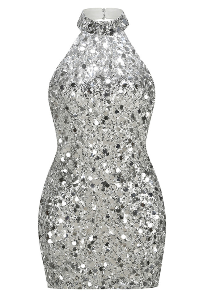 Halter Sequin Dress Silver