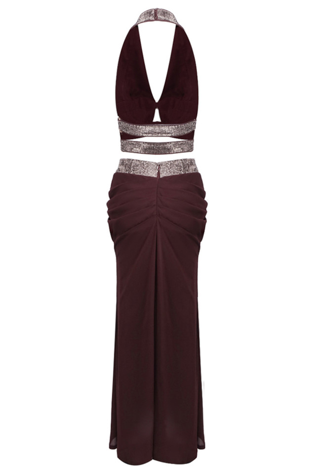 Halter Draped Two Piece Maxi Dress Brown Burgundy