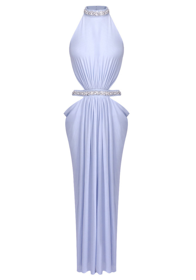 Halter Crystal Draped Backless Maxi Dress Blue