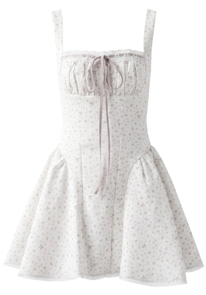 Floral Draped Bustier Corset A Line Dress White Taupe