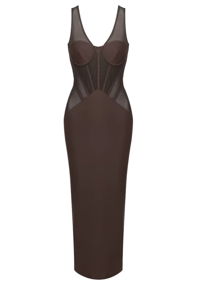 Structured Mesh Maxi Dress Brown
