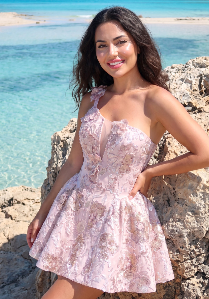 One Shoulder Floral Sequin Corset A Line Dress Pink