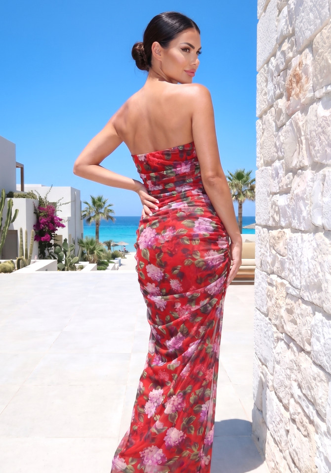 Strapless Draped Floral Maxi Dress Red