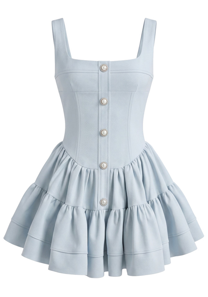Front Button Detail A Line Dress Blue