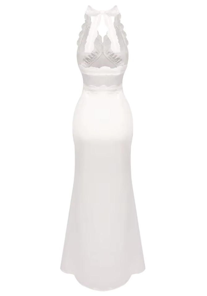 Halter Lace Trim Maxi Dress White