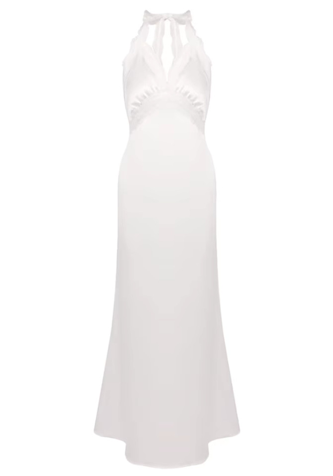 Halter Lace Trim Maxi Dress White