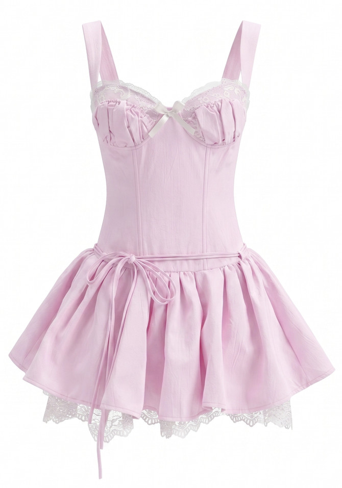 Lace Draped Bustier A Line Dress Pink