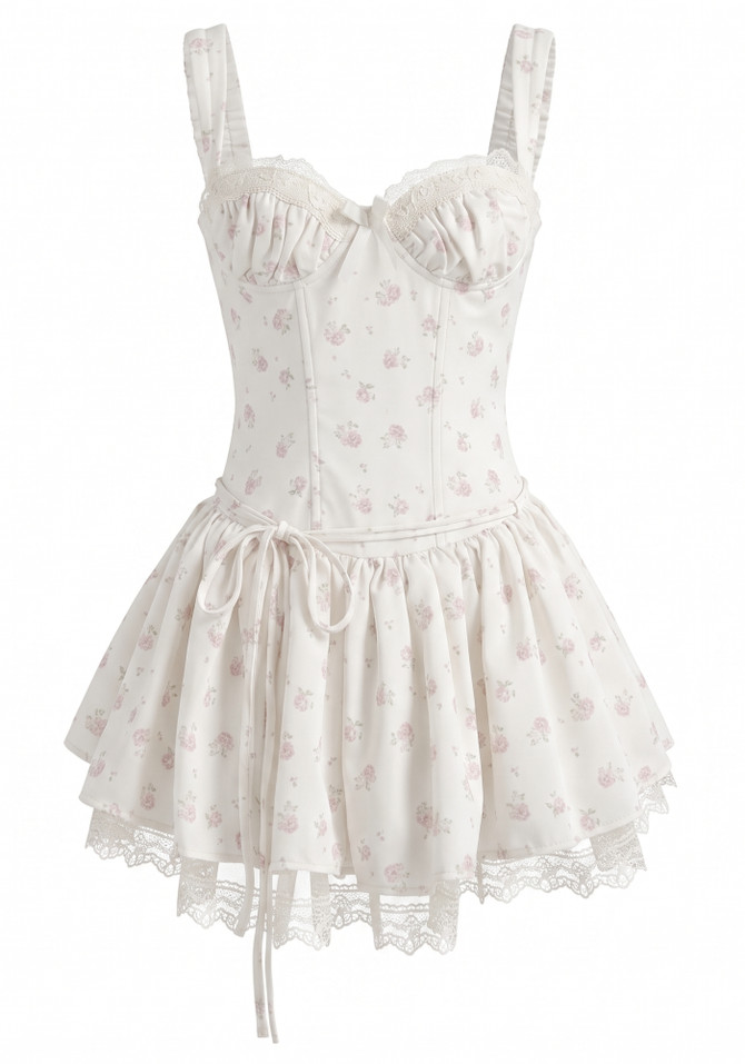 Lace Draped Bustier A Line Dress Floral Ivory