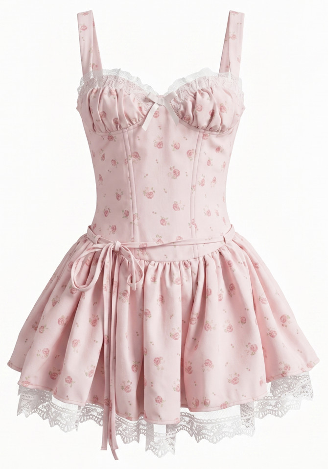 Lace Draped Bustier A Line Dress Floral Pink