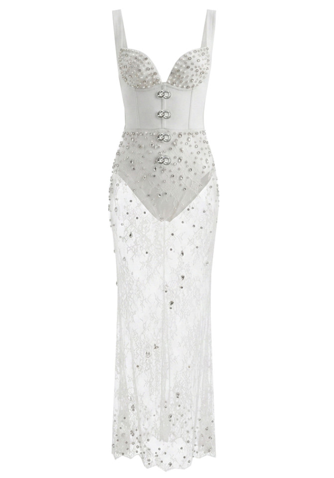 Crystal Embellished Bustier Lace Maxi Dress White