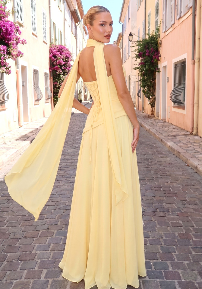 Strapless Draped Corset A Line Maxi Dress Yellow