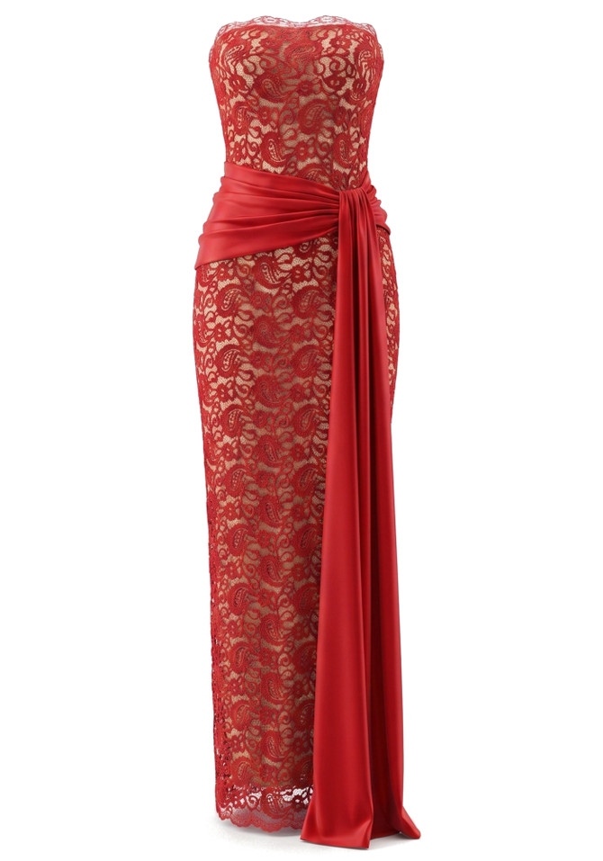 Strapless Scalloped Lace Maxi Dress Red