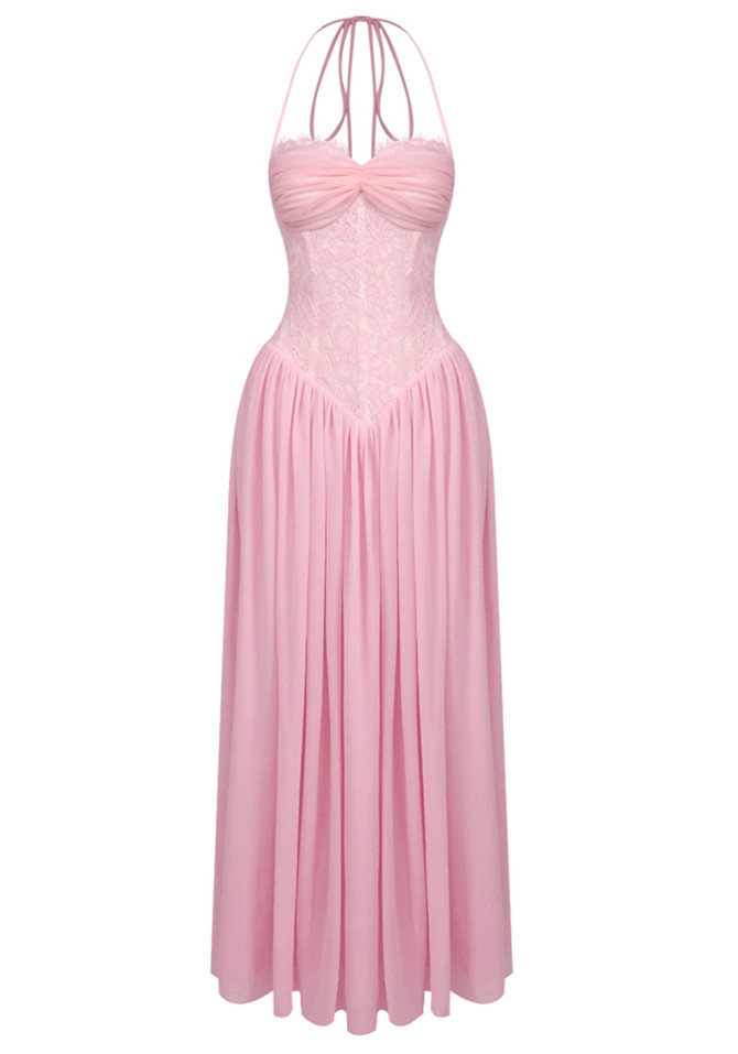 Halter Lace Corset A Line Maxi Dress Pink