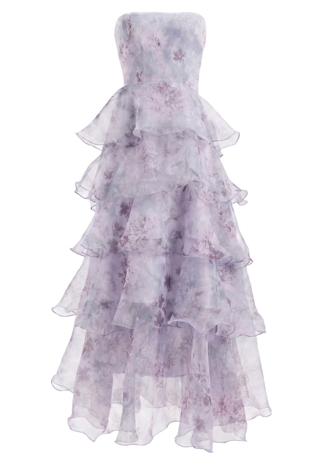 Strapless Floral Detail Ruffle Maxi Dress Lavender