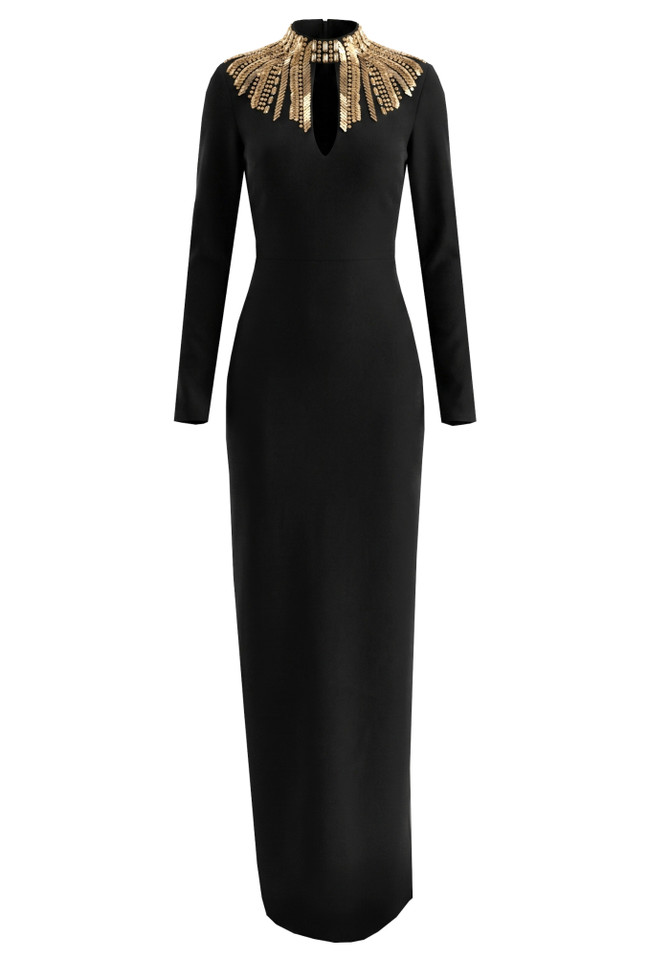 Long Sleeve Embellished Maxi Dress Black
