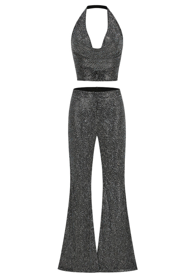 Halter Sparkly Two Piece Jumpsuit Silver