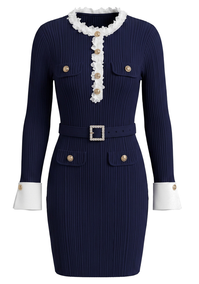 Long Sleeve Ribbed Dress Navy Blue