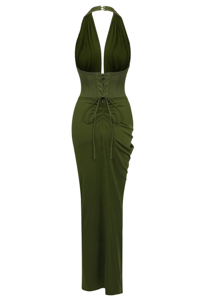 Halter Draped Corset Maxi Dress Green