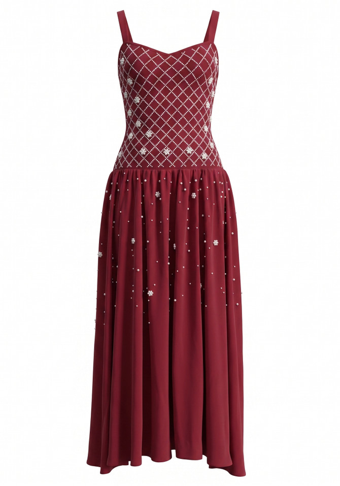 Crystal Embellished A Line Maxi Dress Burgundy