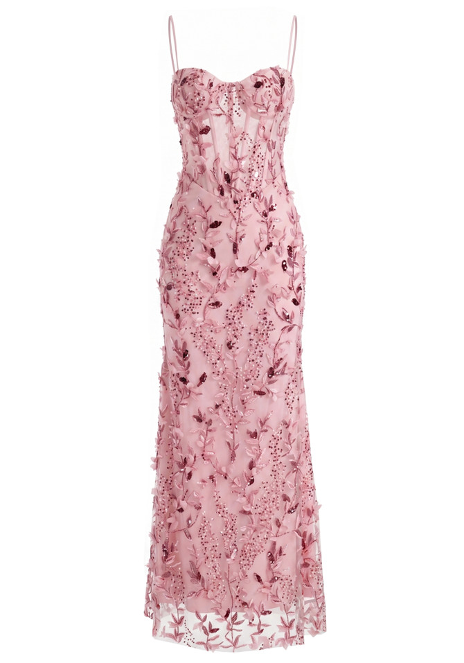 Floral Sequin Structured Bustier Maxi Dress Pink